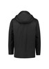 A men's jacket in black featuring a hood and a simple design. The back view showcases its casual style.