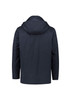 A dark navy men's jacket with a hood, featuring a minimalist design and a subtle logo on the back.
