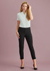 A pair of black mid-waist slim leg pants for women, styled with a white shirt and featuring a logo. A pair of black mid-waist slim leg pants for women, styled with a white shirt and featuring a logo.