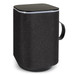A rectangular black Bluetooth speaker with a textured exterior and a handle, featuring a sleek black top. A rectangular black Bluetooth speaker with a textured exterior and a handle, featuring a sleek black top.