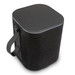 A black Bluetooth speaker with a textured exterior and a handle for easy carrying. It features a square top design. A black Bluetooth speaker with a textured exterior and a handle for easy carrying. It features a square top design.