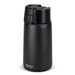 A drink bottle with a sleek black exterior, featuring a secure lid and a small logo. A drink bottle with a sleek black exterior, featuring a secure lid and a small logo.