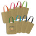A jute tote bag with various coloured handles, featuring a logo on one bag. Bags display natural jute texture.
