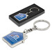 A house-shaped metal key ring in silver with a blue and white logo on a black presentation box. A house-shaped metal key ring in silver with a blue and white logo on a black presentation box.