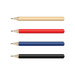 A collection of three grey-lead pencils in red, blue, and black, with a natural wooden pencil on top.