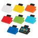 A set of magnetic clips in various colours: white, yellow, orange, red, green, blue, and a black clip with a logo.