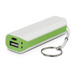 A power bank with a white body and green accents, featuring a USB port and keyring attachment. A power bank with a white body and green accents, featuring a USB port and keyring attachment.