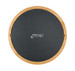 A round bamboo cheese board with a black slate top and a logo printed on it.