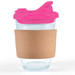 A reusable coffee cup features a clear glass body, a pink snap lid, and a cork band for grip and insulation. A reusable coffee cup features a clear glass body, a pink snap lid, and a cork band for grip and insulation.