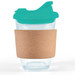 A reusable coffee cup featuring a clear body, a teal snap lid, and a cork band around the middle. A reusable coffee cup featuring a clear body, a teal snap lid, and a cork band around the middle.