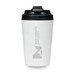 A reusable coffee cup in white with a black lid, featuring a logo on the front.