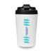 A reusable white coffee cup with a black lid, featuring a logo and turquoise design elements.