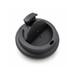 A black coffee cup lid designed for a reusable coffee cup, featuring a sliding opening.