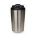 A stainless steel reusable coffee cup with a black lid. It features a sleek, matte finish and a simple design.