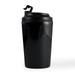A reusable black coffee cup with a black lid and a built-in hook. It features a logo on the surface. A reusable black coffee cup with a black lid and a built-in hook. It features a logo on the surface.