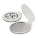 A compact mirror in white, featuring a reflective surface and a logo on the exterior.