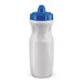 A drink bottle in white with a blue lid, featuring a textured grip and a visible logo.
