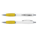 A plastic pen with a white barrel and yellow grip, featuring chrome accents and a clip. A plastic pen with a white barrel and yellow grip, featuring chrome accents and a clip.