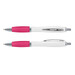 A white barrel pen with a pink grip and chrome accents, featuring a clip and a logo. A white barrel pen with a pink grip and chrome accents, featuring a clip and a logo.