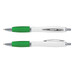 A promotional pen featuring a white barrel and green accents, with chrome detailing and a clip. A promotional pen featuring a white barrel and green accents, with chrome detailing and a clip.