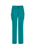 A pair of teal women's straight leg scrub pants with side pockets and a drawstring waist. Features a logo.