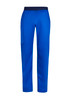 Bright blue straight leg scrub pants featuring an elastic waist and side pocket, with a dark blue waistband. Bright blue straight leg scrub pants featuring an elastic waist and side pocket, with a dark blue waistband.