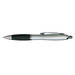 A metallic pen with a silver body and a black grip, featuring a clip and a logo.