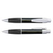 A Matrix Pen in black and silver, featuring a plastic body and a comfortable grip, displayed from different angles.