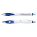 A plastic pen in white and blue, featuring a smooth finish and a silver clip. It has branding on the barrel.