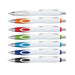 A collection of seven plastic pens in various colours: orange, green, blue, and more, featuring a silver clip and accents.