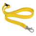 A yellow custom printed lanyard with a clip attachment, featuring a sturdy weave and a plastic buckle.