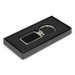 A metal key ring with a rectangular blank surface for laser etching, presented in a sleek black gift box.
