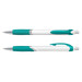 A white barrel plastic pen with a teal grip and accents, featuring a smooth writing tip and a push mechanism.