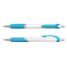 A plastic pen with a white barrel and turquoise accents, featuring a textured grip and a clip.