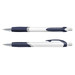 A plastic pen with a white barrel and navy blue accents, featuring a grip and a clip. Includes a logo.