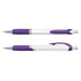 A plastic pen with a white barrel and purple accents, featuring a comfortable grip and silver clip.