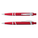 A red plastic pen with silver accents, featuring a clip and a tip, displayed from two angles. It has a logo.