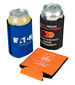Foldable can coolers in black, blue, and orange, featuring logos and designed for beverage cans. Foldable can coolers in black, blue, and orange, featuring logos and designed for beverage cans.