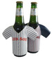 A drink bottle cooler designed like a baseball jersey, featuring blue and white striped patterns with a logo. A drink bottle cooler designed like a baseball jersey, featuring blue and white striped patterns with a logo.