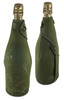 A drink bottle holder in olive green, designed for a champagne bottle with a textured surface and a logo. A drink bottle holder in olive green, designed for a champagne bottle with a textured surface and a logo.