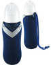 A drink bottle holder in navy blue with a white design, featuring a cap and a braided cord. A drink bottle holder in navy blue with a white design, featuring a cap and a braided cord.