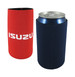 A drink bottle stubby holder in red and navy, featuring a logo, designed to keep beverages cool. A drink bottle stubby holder in red and navy, featuring a logo, designed to keep beverages cool.