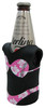 A drink bottle cooler shaped like a bikini, featuring a black and pink design with floral patterns. It also has a logo. A drink bottle cooler shaped like a bikini, featuring a black and pink design with floral patterns. It also has a logo.