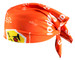 An orange sublimated bandana featuring various patterns and a logo. An orange sublimated bandana featuring various patterns and a logo.