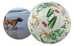 A textured pet ball in cream, featuring green and orange patterns, with a logo on one side. A textured pet ball in cream, featuring green and orange patterns, with a logo on one side.