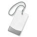 A luggage tag with a clear white surface and a gray bottom, featuring a sturdy strap for attachment.