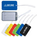 A set of colorful luggage tags in blue, red, yellow, green, and black, featuring a clear ID window and a logo.