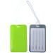 A green luggage tag with a transparent back displaying spaces for name, address, email, and phone number.
