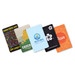 A set of five colorful playing cards featuring various designs and a logo on one card. A set of five colorful playing cards featuring various designs and a logo on one card.