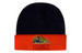 A beanie in navy and orange featuring a logo and an illustration of construction equipment.